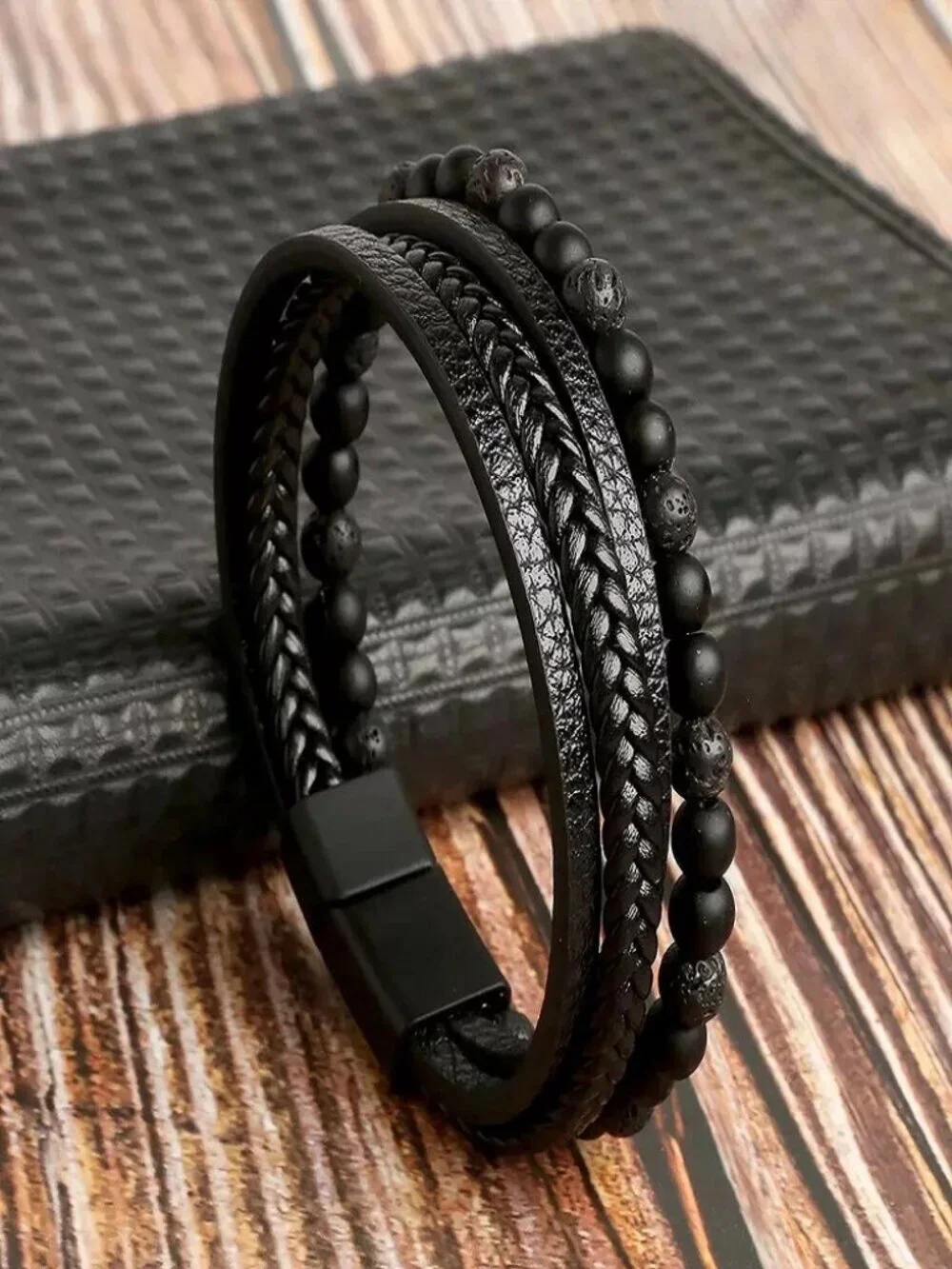 Men's Layered Braided Leather Beaded Bracelet With Tiger Eye Natural Stone - Picture 5 of 10